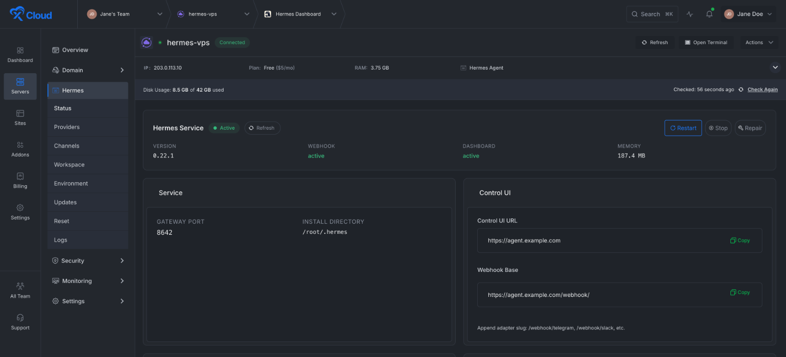The Hermes Agent dashboard Status page in xCloud with the active service, version, gateway port and Control UI URL