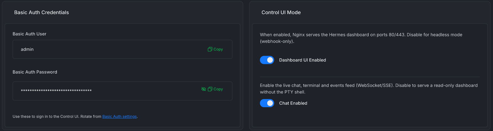 The Basic Auth Credentials and Control UI Mode sections on the Hermes Agent dashboard Status page
