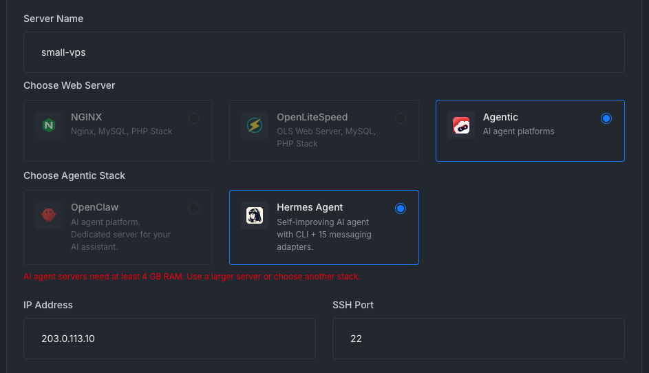 The server form with the error AI agent servers need at least 4 GB RAM under the Hermes Agent stack