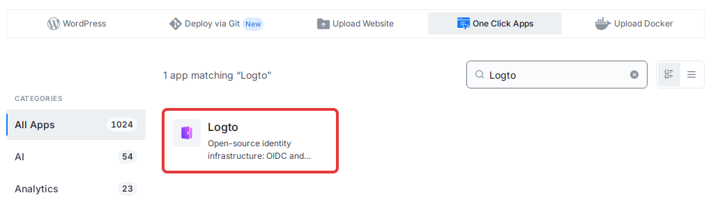 Click the Logto card in the One Click Apps tab of Add Your New Site