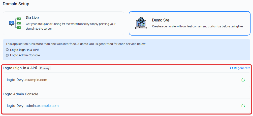 Demo Site gives each Logto web interface its own demo URL, with Primary and Regenerate