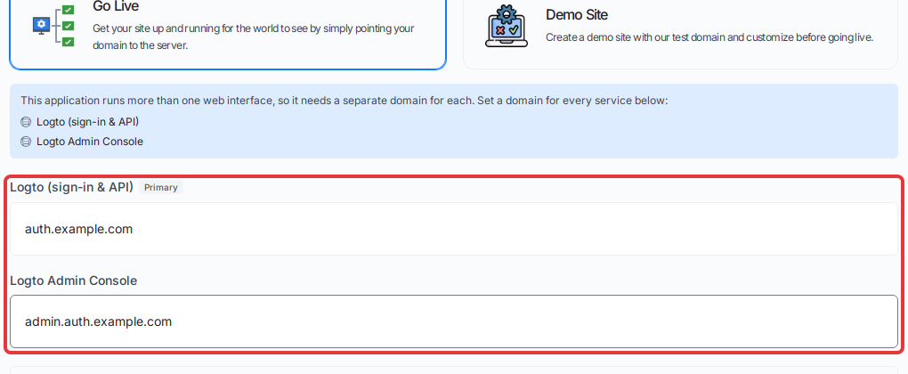 Enter a separate domain for each Logto interface under Go Live