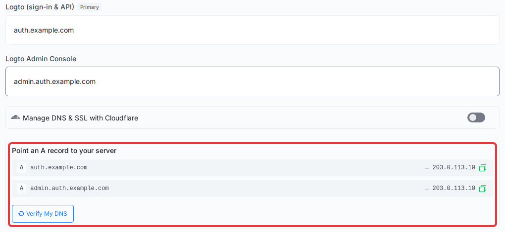 Create the A records listed for each domain, then click Verify My DNS