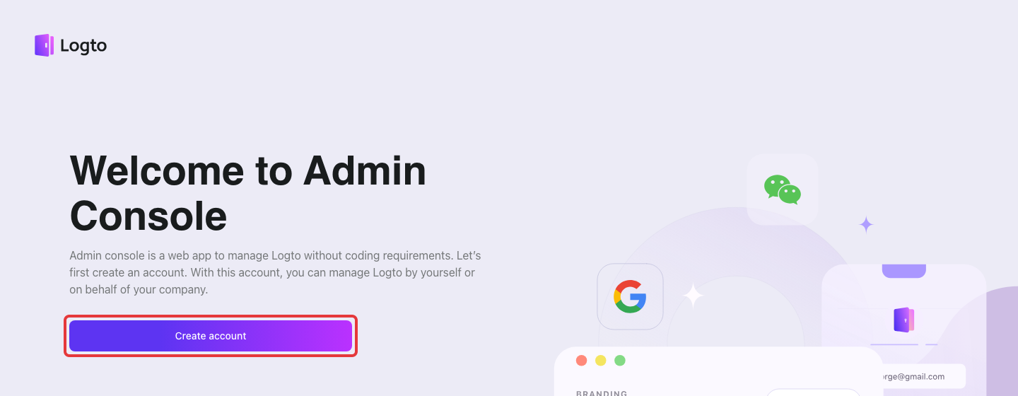 Click Create account on the Logto Admin Console welcome screen