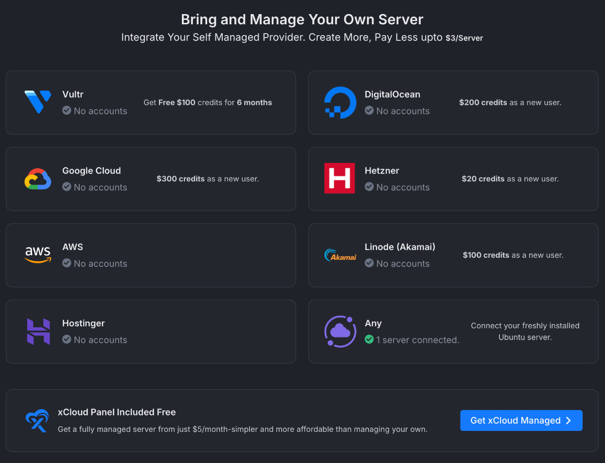 The Bring and Manage Your Own Server page with the provider cards you can use for an OpenClaw VPS: Vultr, DigitalOcean, Google Cloud, Hetzner, AWS, Linode, Hostinger and Any
