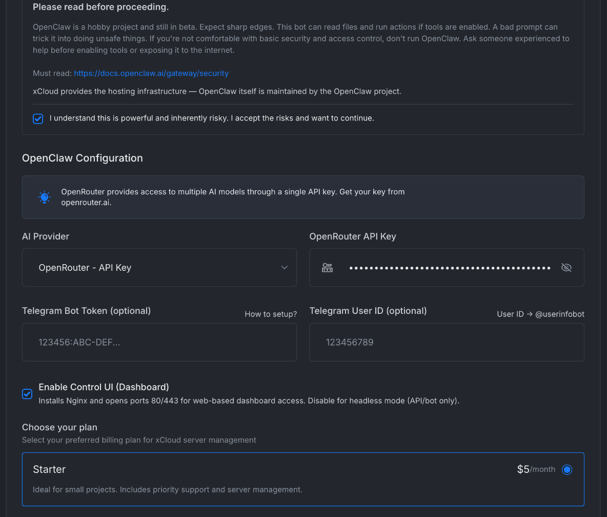 The OpenClaw setup section with the security warning, AI provider, API key, optional Telegram fields and the Enable Control UI option