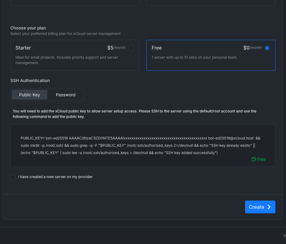 The plan choice, the Public Key SSH authentication command with a Copy button, the new server confirmation and the Create button