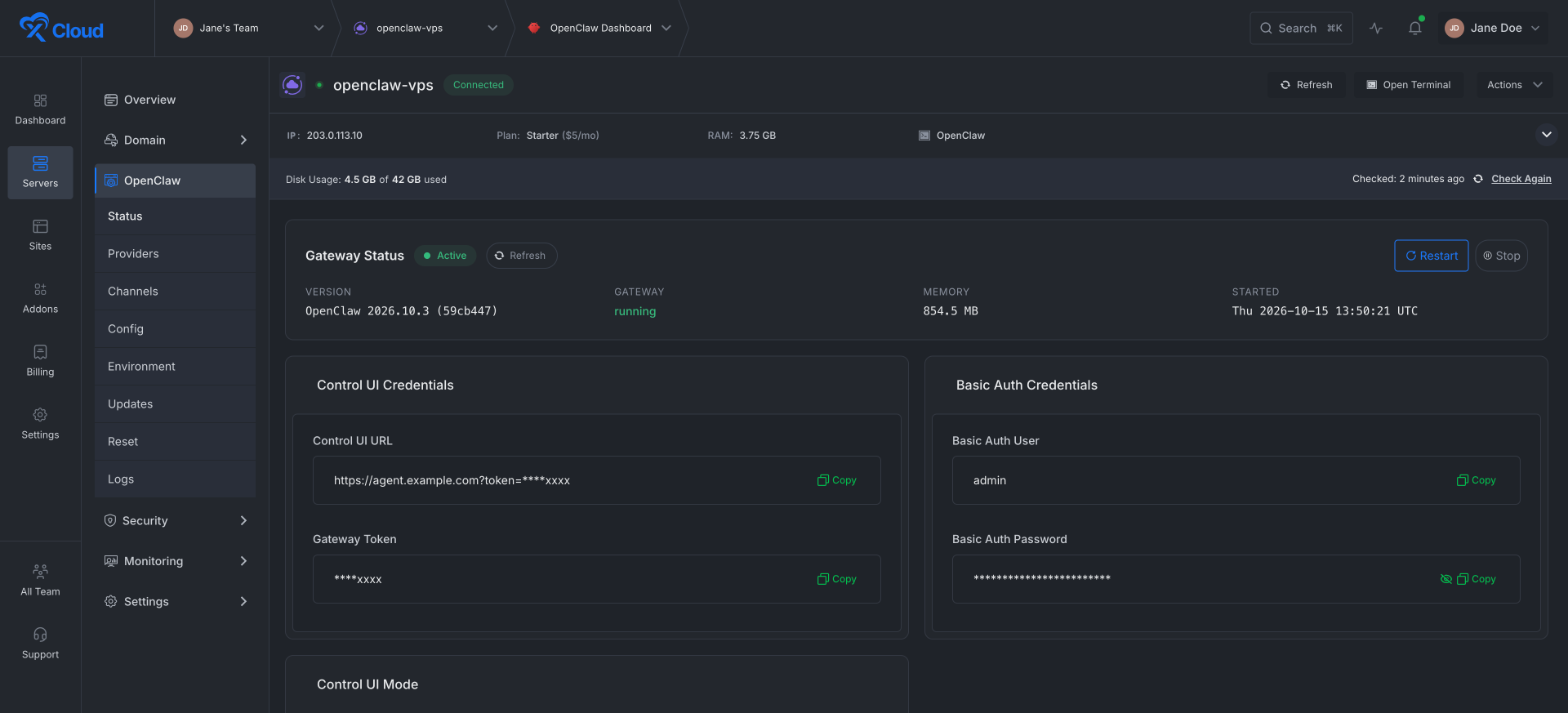 The OpenClaw Status page in xCloud on an OpenClaw VPS with the running gateway, version, Control UI URL, gateway token and Basic Auth credentials
