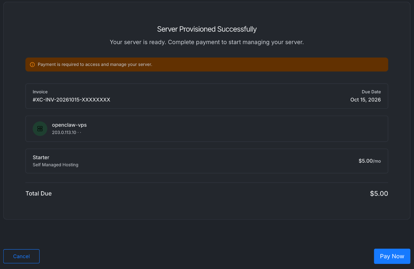 The Server Provisioned Successfully page with the payment required notice, the invoice, the Starter plan and the Pay Now button
