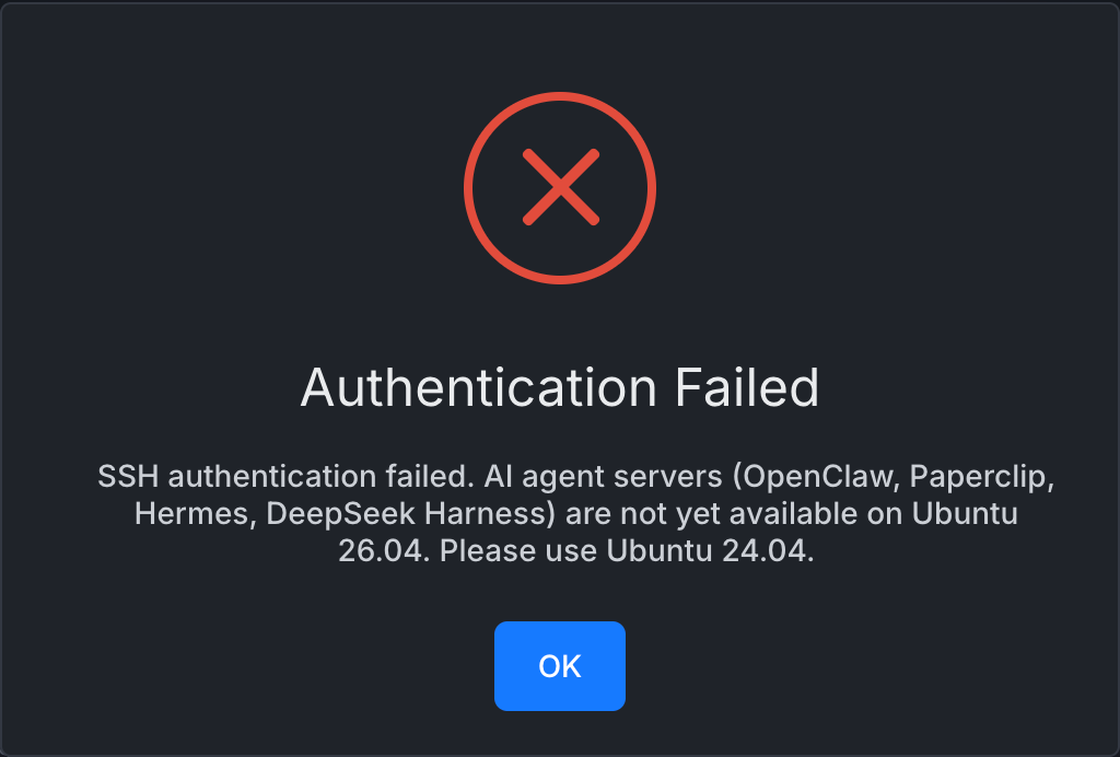 The Authentication Failed message saying that AI agent servers are not yet available on Ubuntu 26.04