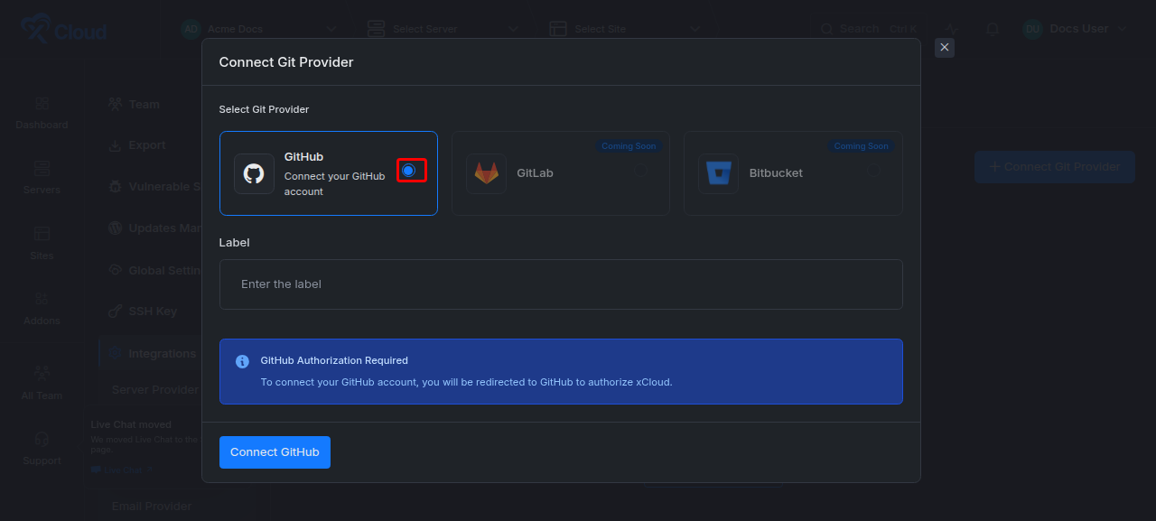 The Connect Git Provider dialog with GitHub selected, a label field and the Connect GitHub button; GitLab and Bitbucket marked Coming Soon
