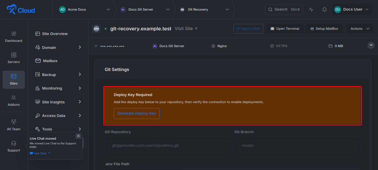 The Deploy Key Required panel with Generate Deploy Key, the SSH public key to copy, and Verify Connection