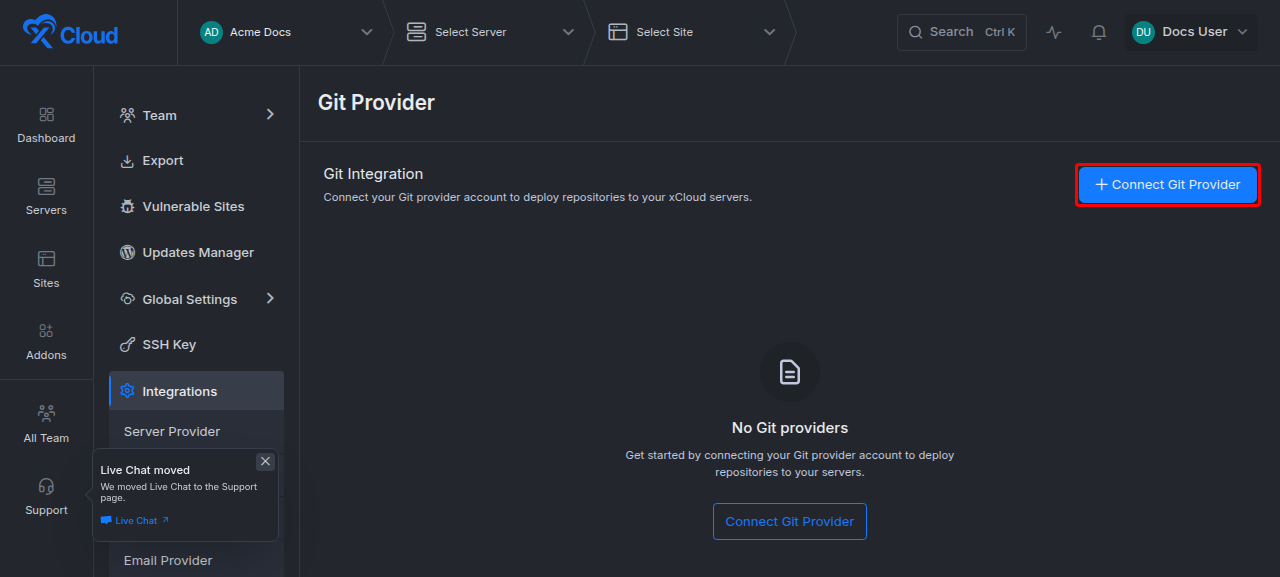 The Git Integration page under Settings, Integrations, Git Provider, listing the team’s connections and the Connect Git Provider button