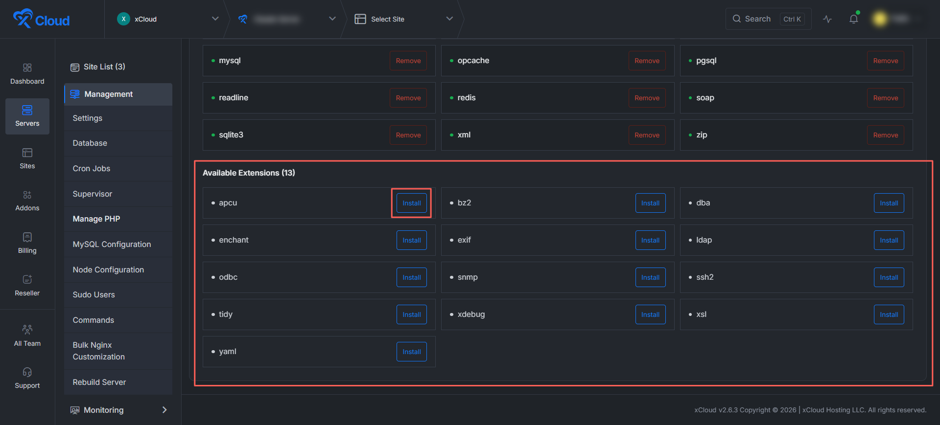 xCloud Manage PHP Extensions ‘Available Extensions’ lists every extension that is supported but not yet installed for the selected PHP version.