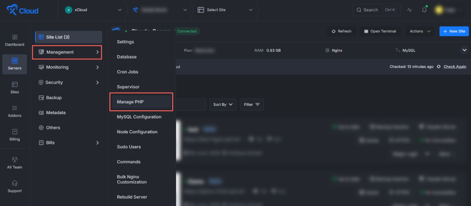 xCloud Manage PHP Extensions Open the Manage PHP Extensions Panel