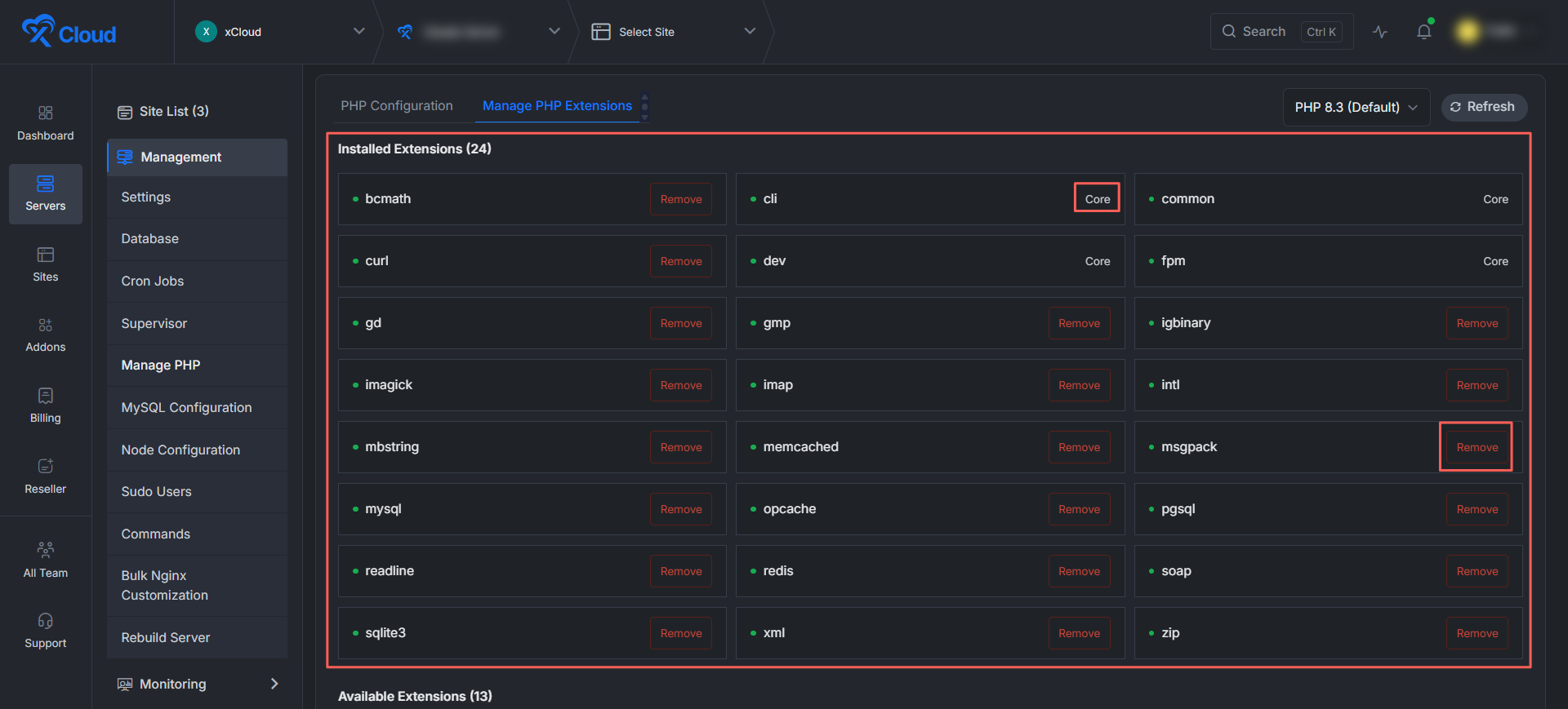 xCloud Manage PHP Extensions Inside the Manage PHP Extensions Panel