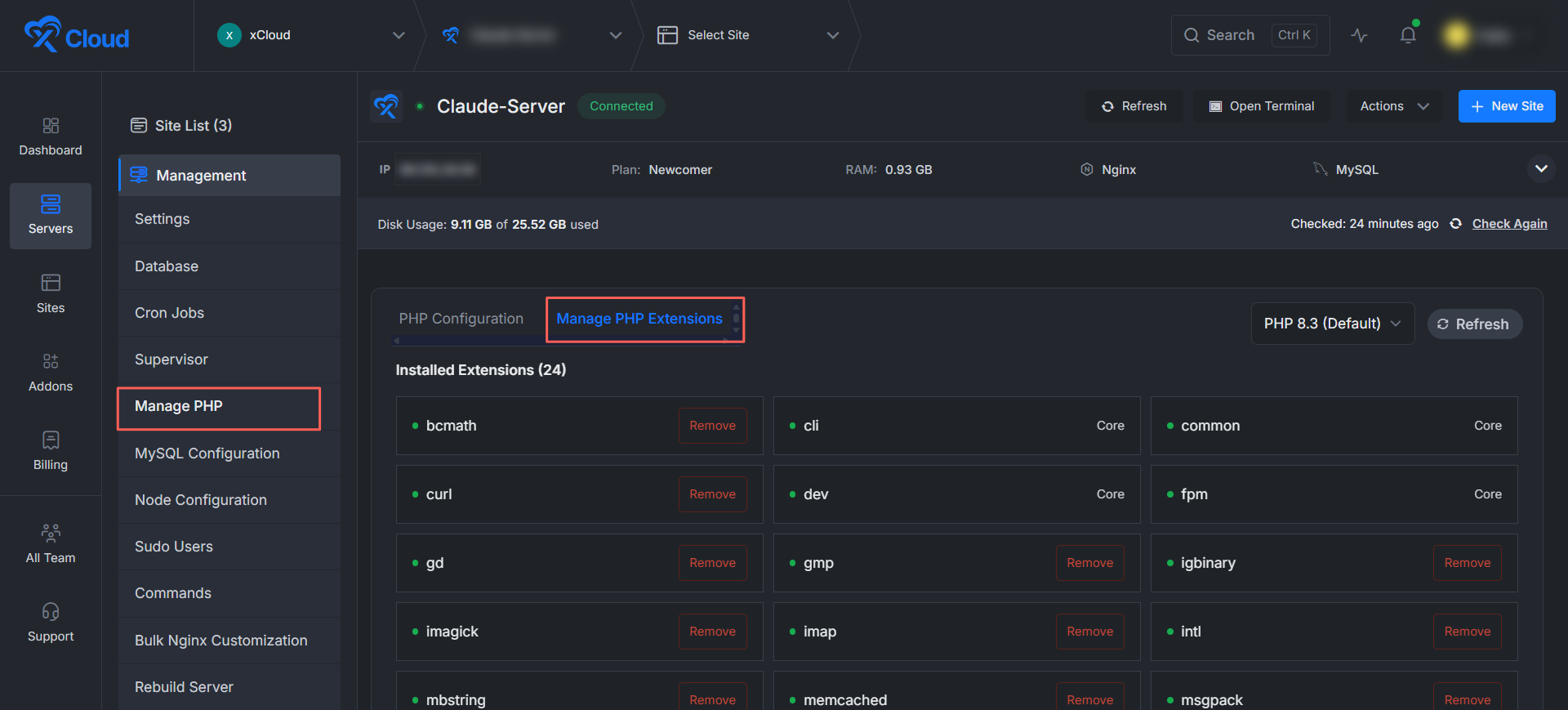 xCloud Manage PHP Extensions select the ‘Manage PHP Extensions’ tab