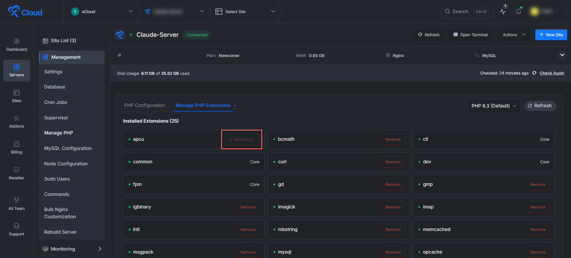xCloud Manage PHP Extensions The button changes to ‘Removing…’ while xCloud uninstalls the extension and restarts that PHP service.
