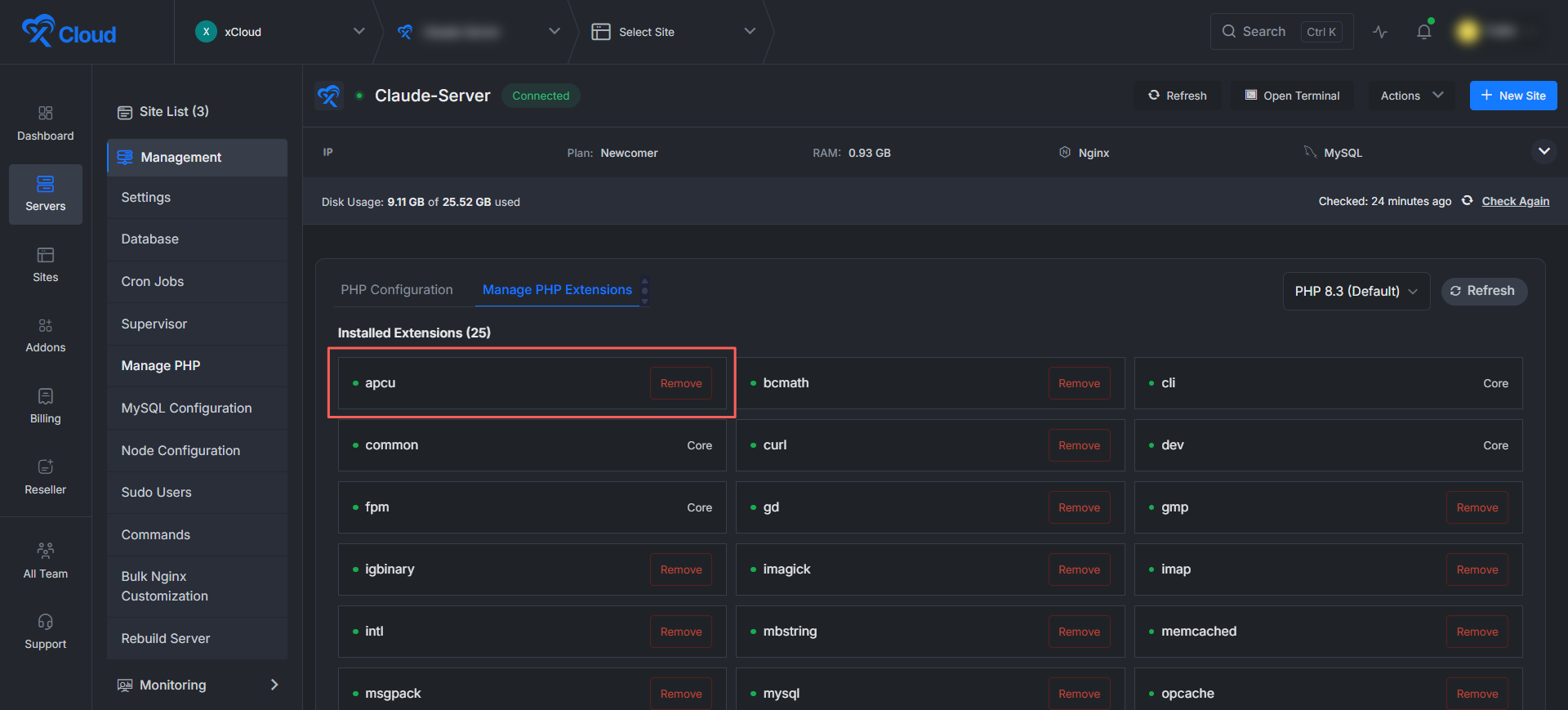 xCloud Manage PHP Extensions the extension moves to the ‘Installed Extensions’ section and the installed count increases.