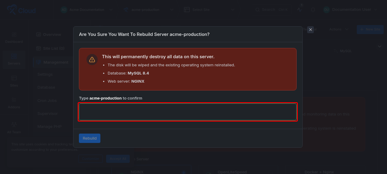 The rebuild confirmation dialog: preflight summary of the web server and database, and the field where the server name must be typed before Rebuild is enabled