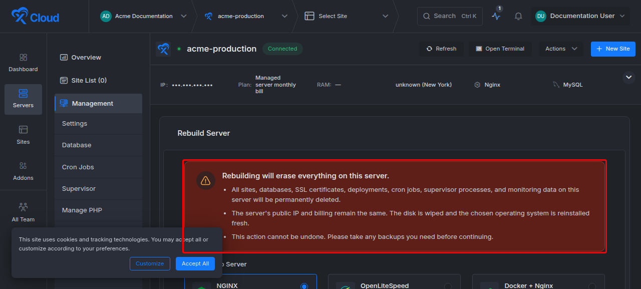 The Rebuild Server page with the data-loss warning and the Choose Web Server options available to this server and plan