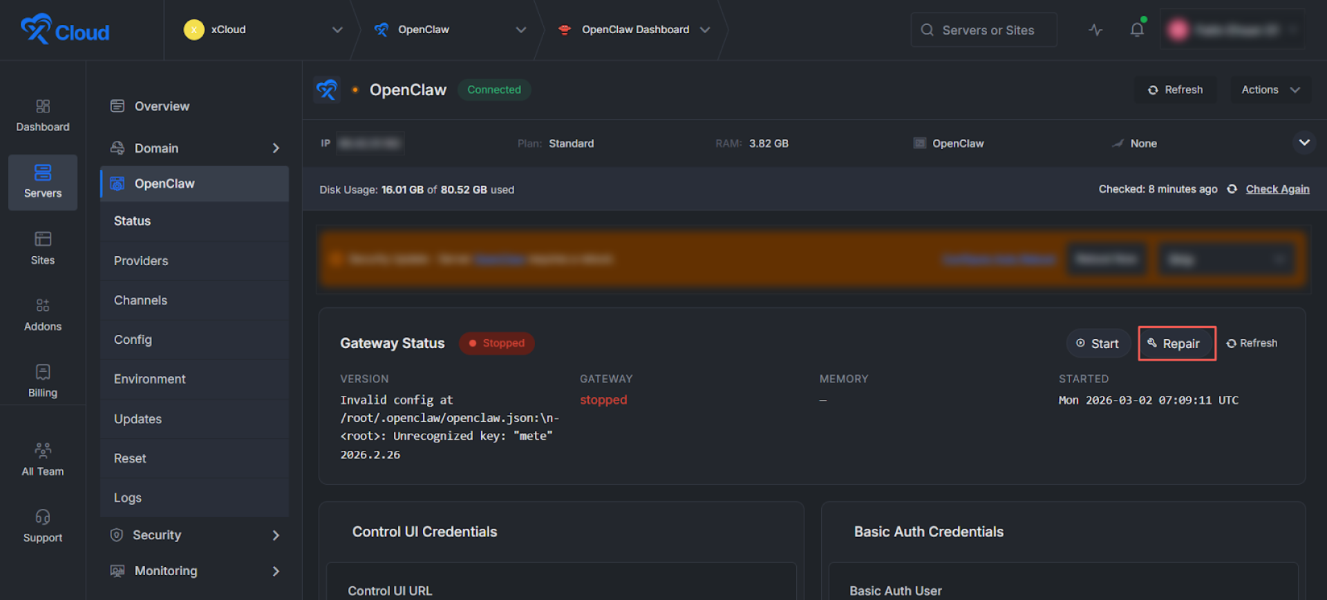 navigate to OpenClaw ‘Status’, where you’ll see the ‘Repair’ button.