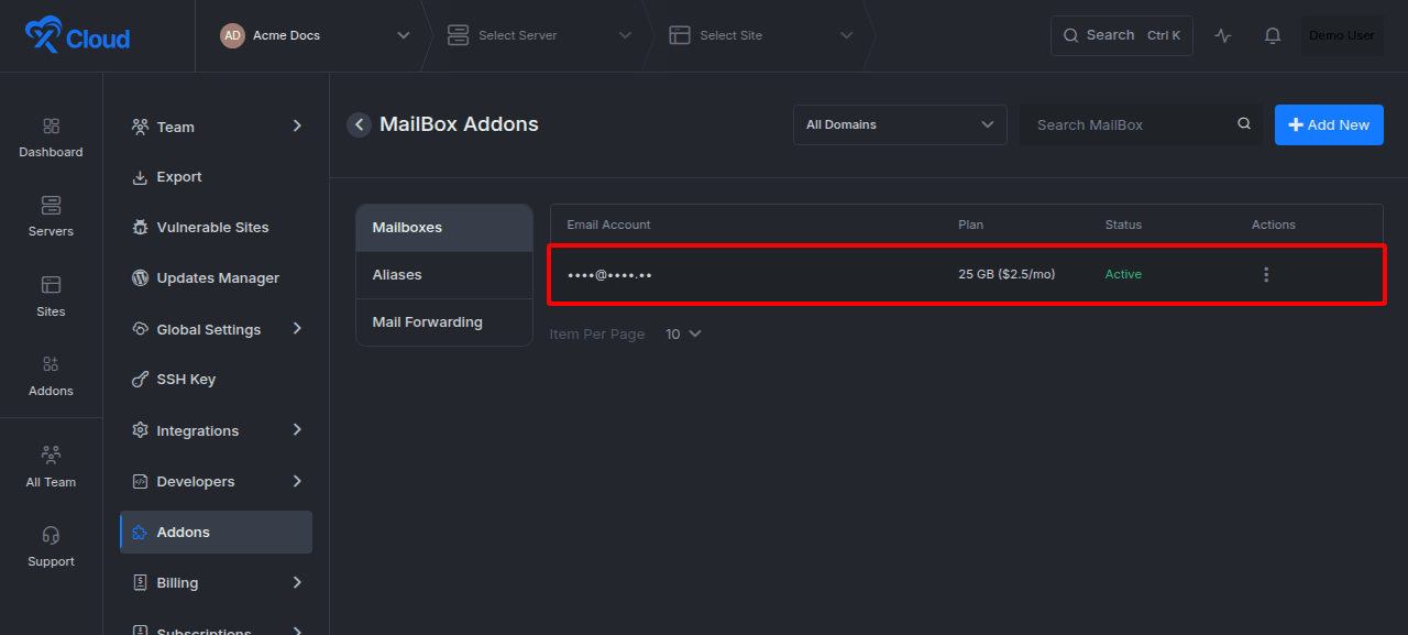 The Mailboxes list showing the new account.