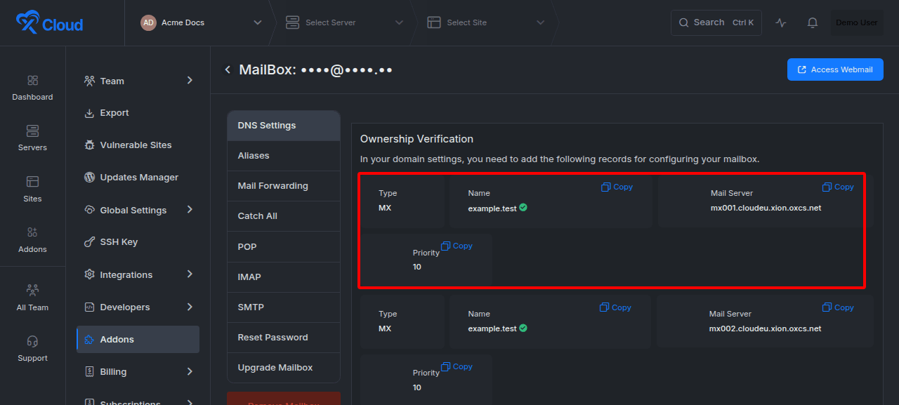 The DNS records to add for the mailbox domain.