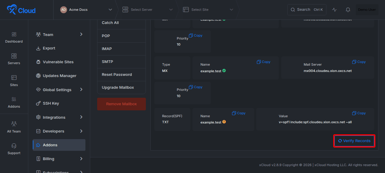 Verifying the mailbox DNS records in xCloud.