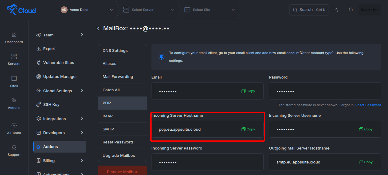 The POP incoming server settings.