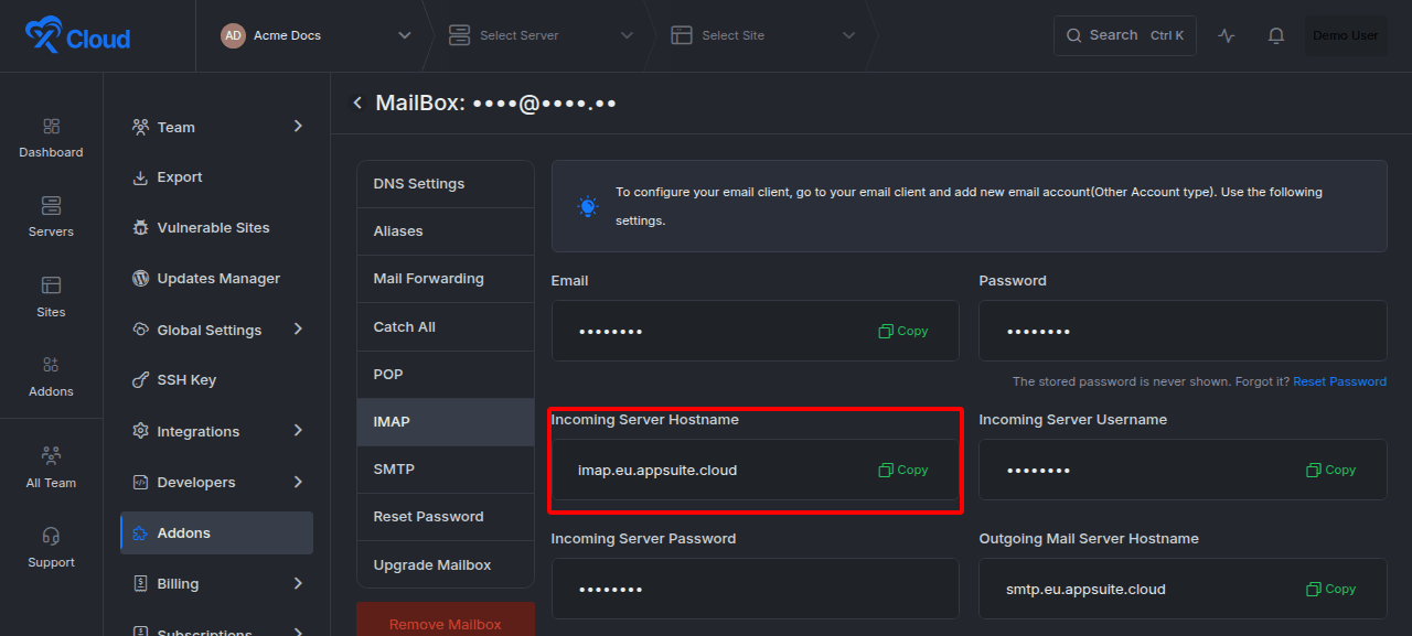 The IMAP incoming server settings.