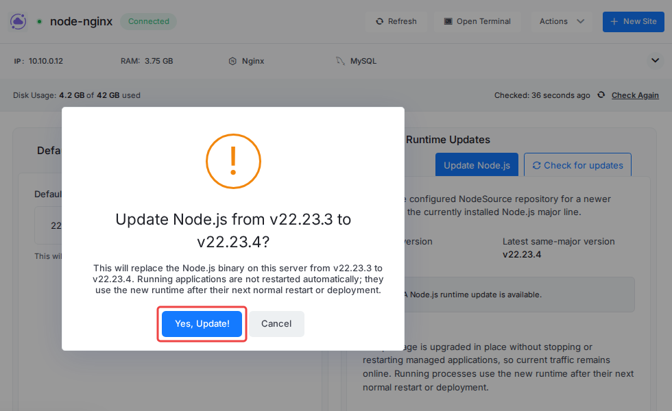 Confirmation dialog to update Node.js from v22.23.3 to v22.23.4