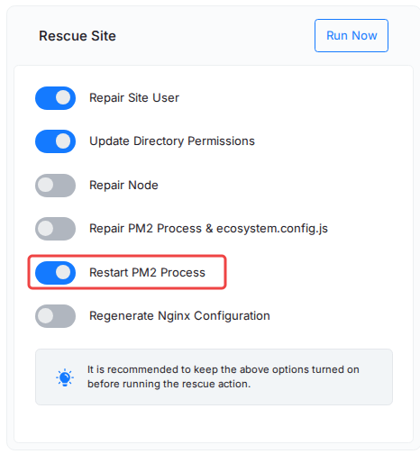 Rescue Site card with Restart PM2 Process turned on