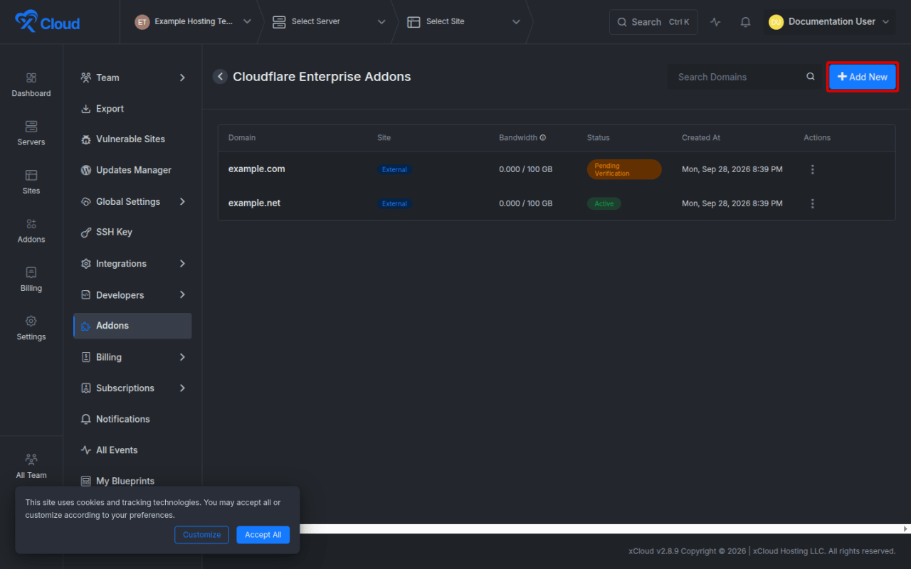 The Cloudflare Enterprise Addons list with Add New.