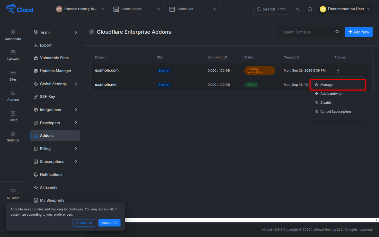 The row actions menu with Manage.