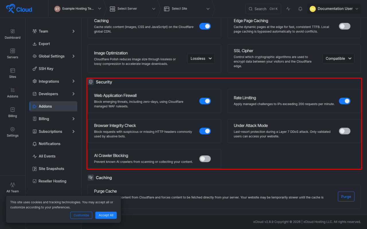 The external-domain Settings tab.