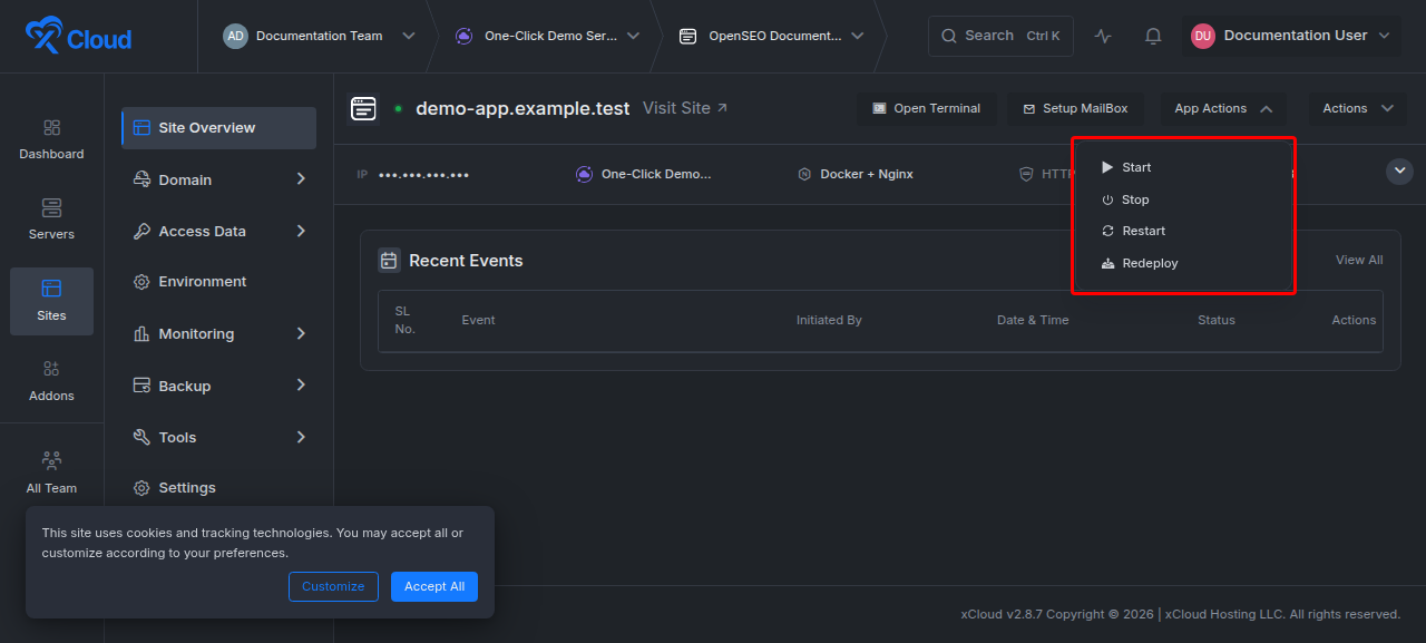 The One-Click App overview with the App Actions menu open: Start, Stop, Restart and Redeploy
