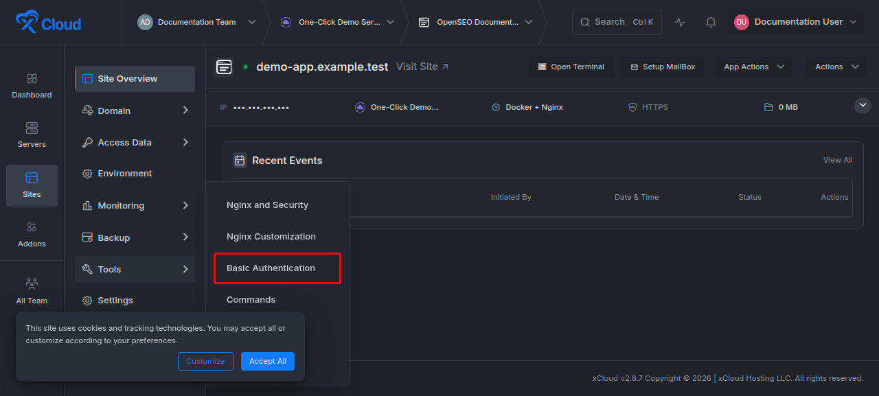 Tools, Basic Authentication in the site navigation with the enable toggle, username and password fields