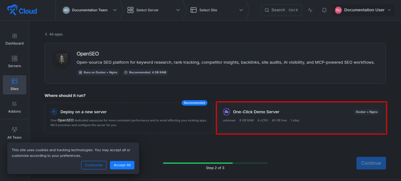 The app setup page listing stack and resource requirements, with compatible servers selectable and an incompatible server greyed out