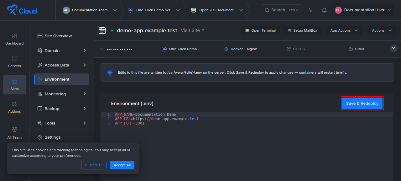 The Environment tab of a One-Click App with the environment file editor and the Save & Redeploy button
