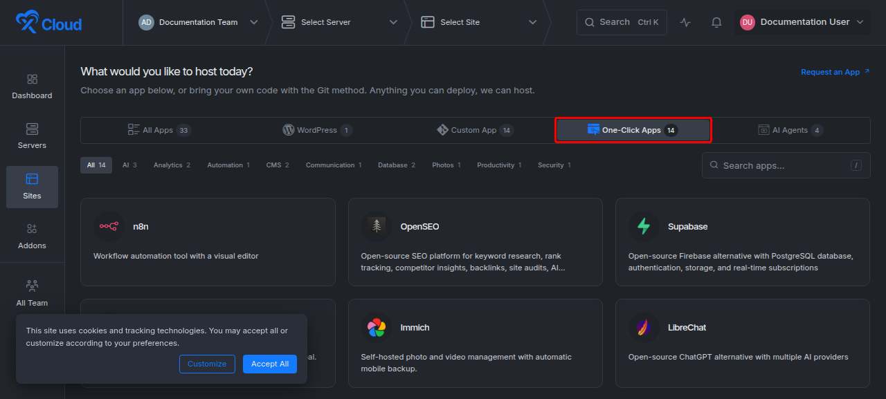 The One-Click Apps catalog under New Site, with the search box, category filters and app cards