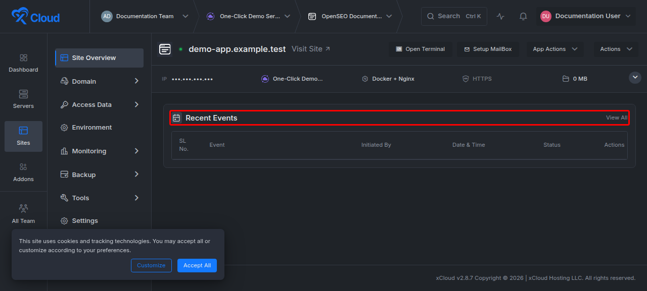 The Recent Events panel on the site overview with the View All link