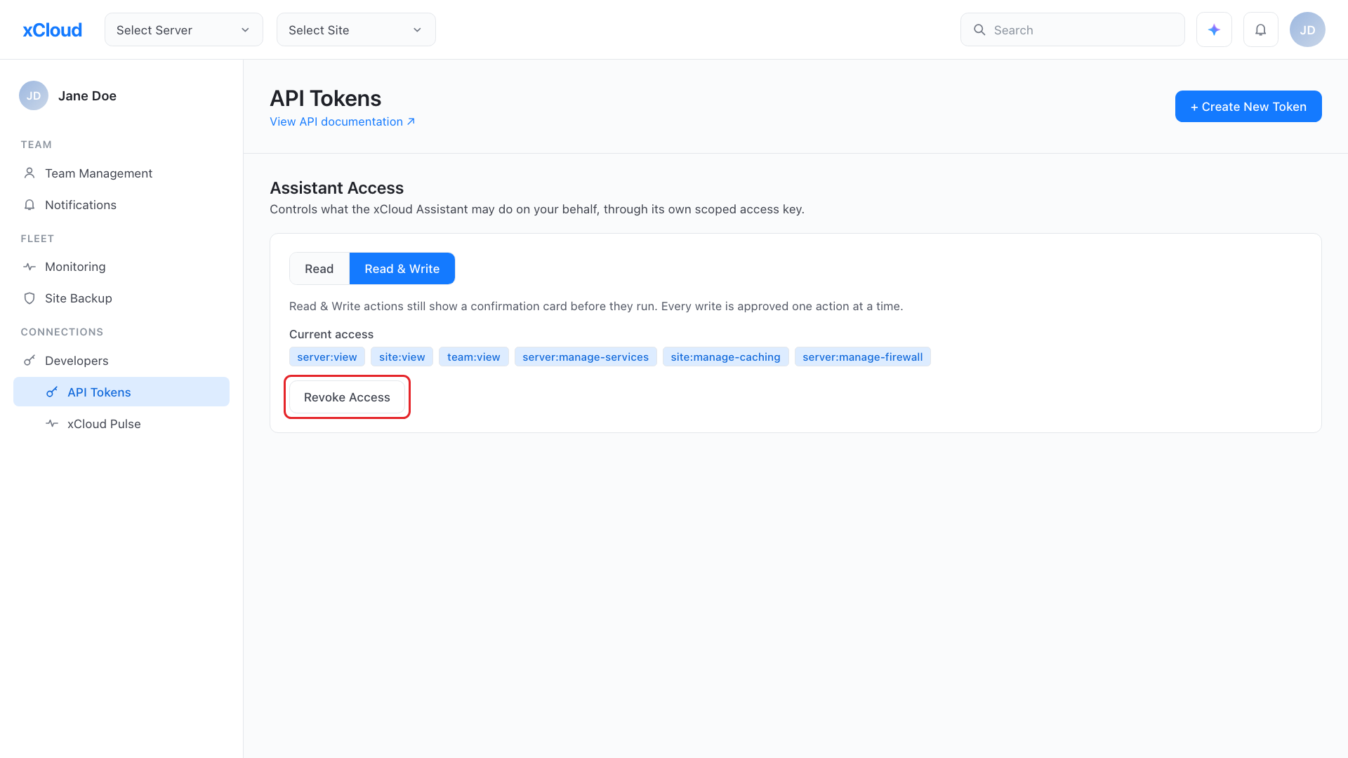 Revoke Access button on the xCloud Assistant Access card