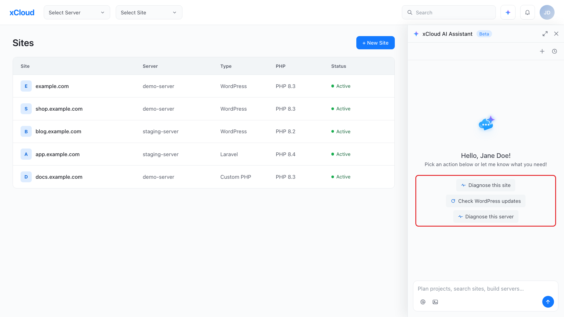 xCloud AI Assistant panel open beside the dashboard with suggested prompts