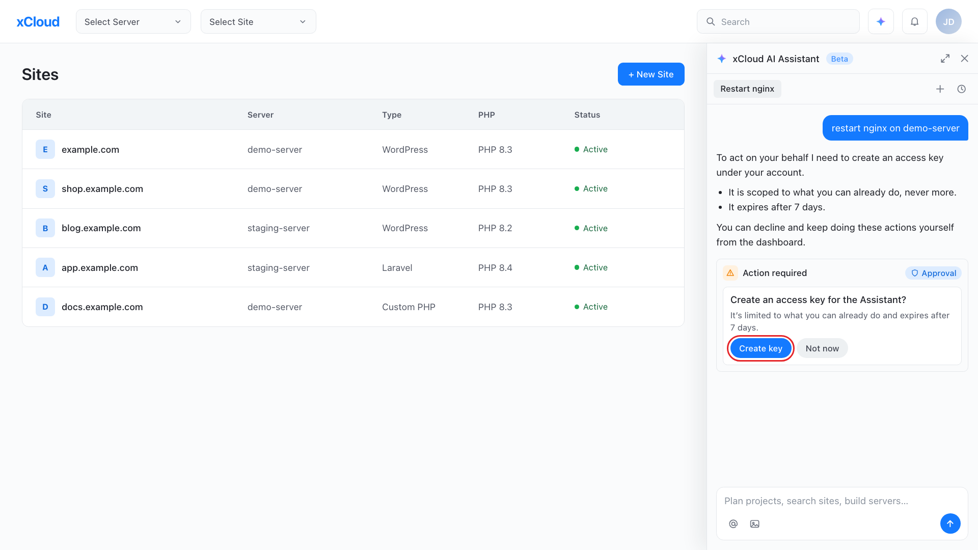 The assistant asking to create its access key with Create key and Not now buttons