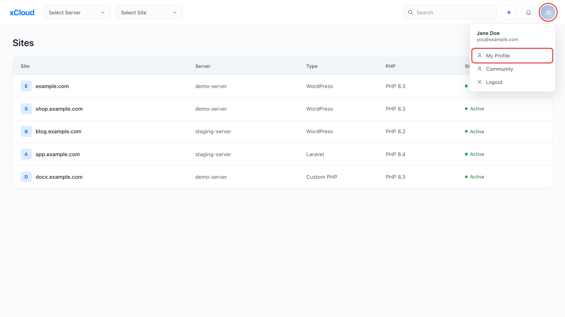 Opening My Profile from the profile menu in the xCloud dashboard