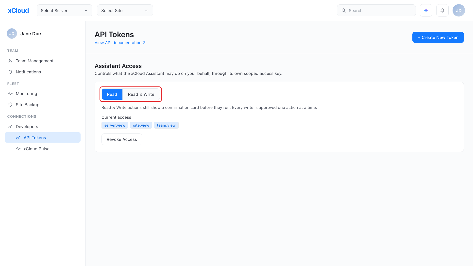 The Assistant Access card under API Tokens with the Read & Write option