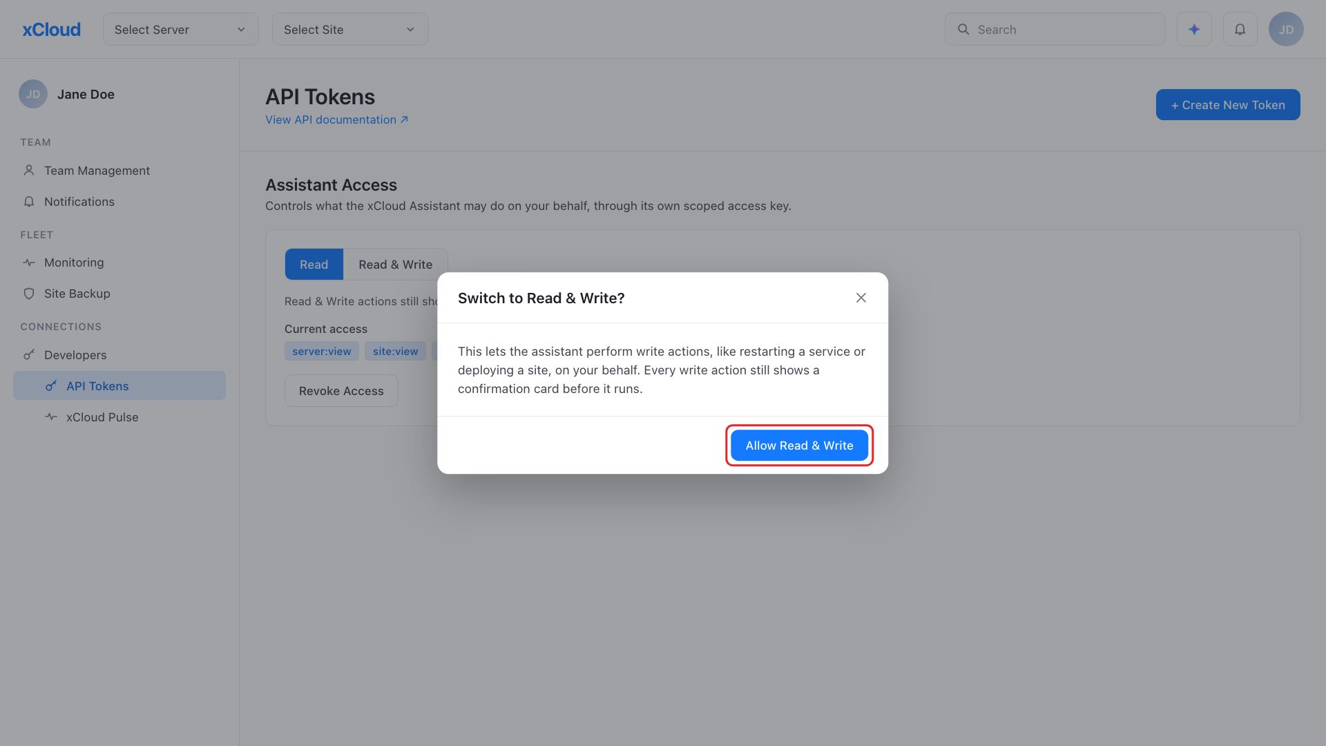 Confirmation window with the Allow Read & Write button for xCloud Assistant Access