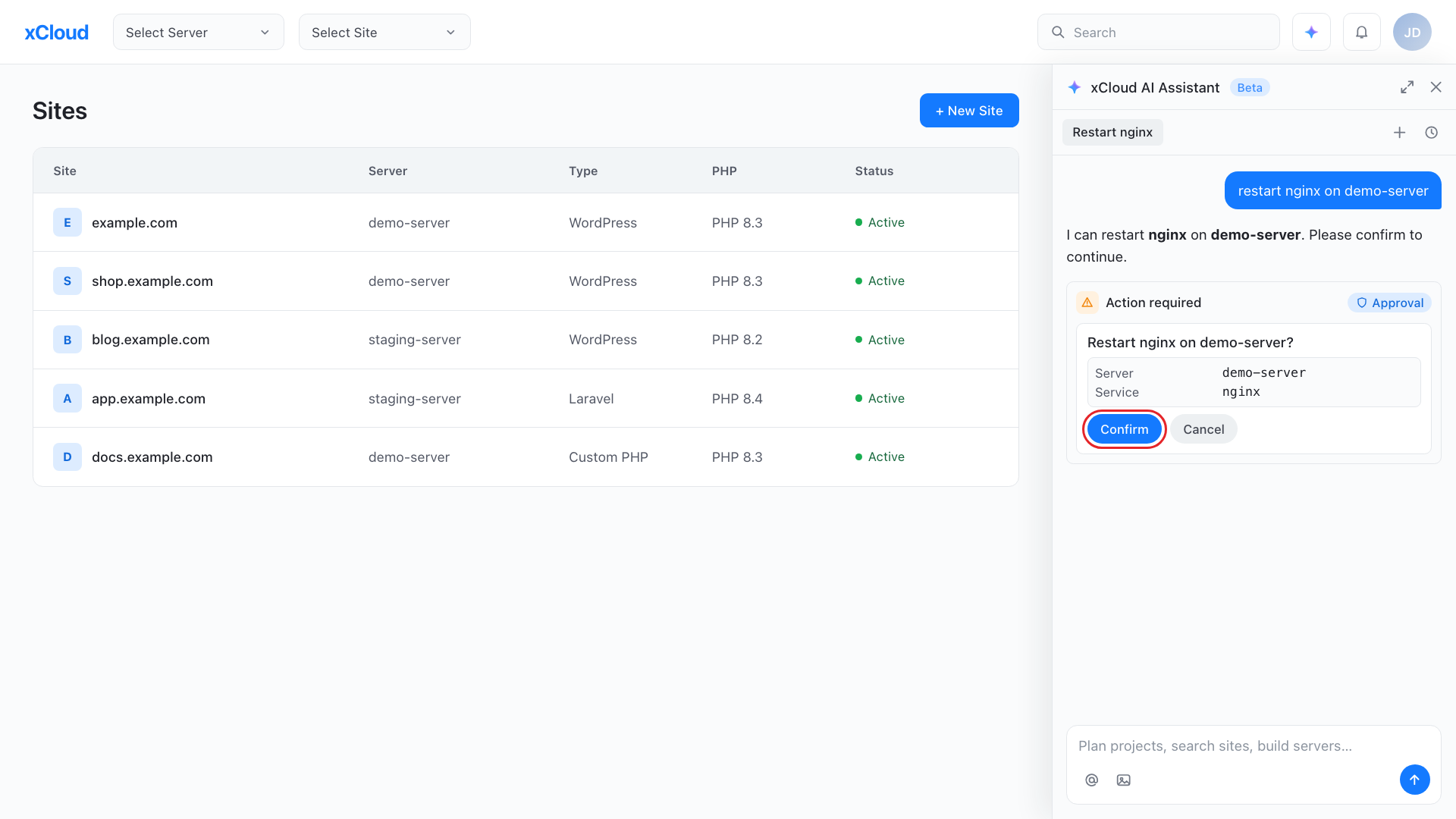 Action required card asking to confirm a restart of nginx on demo-server