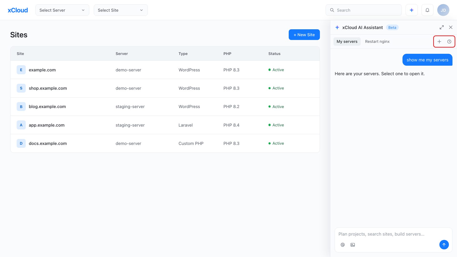 New chat, Chat history, Rename chat and Expand controls in the assistant panel